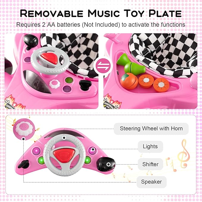 HONEY JOY Baby Walker, 4-in-1 Foldable Infant Activity Push Walker, Toddler Car Walker w/Adjustable Heights, Music, Lights, Removable Tray, Baby Walker with Wheels for Boys Girls 7-14 Months (Pink)-BubblyBeeBaby