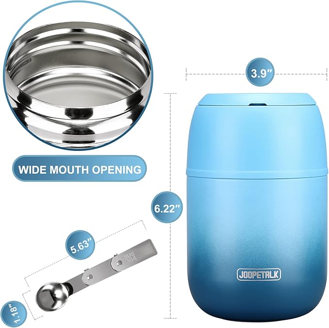 17 oz Insulated Lunch Containers, Hot Food Jar, Wide Mouth, Vacuum Stainless Steel Thermo Lunch Box with Handle and Folding Spoon, Blue-BubblyBeeBaby