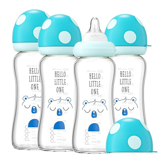 YOHKOH Natural Glass Baby Bottle with Natural Response Nipple, Newborn Anti-Colic Baby Bottles, Wide Neck Mushroom Cap Baby Bottle, Clear (8.8ounce (Pack of 4), Blue1)-BubblyBeeBaby