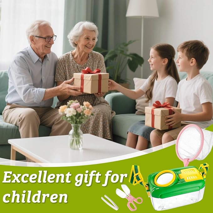 2 Set Bug Catcher for Kids- Educational Bug Catching Kit Including Butterfly Net, Insect Clip, Tweezer, Outdoor Toys for Kids Ages 3-10 (Pink & Green)-BubblyBeeBaby