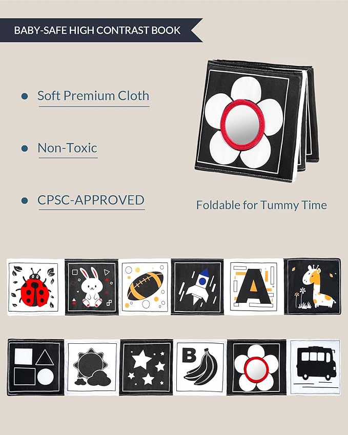 Infinno High Contrast Baby Toys for Newborn, Tummy Time Mirror Black and White Toys for 0-6 Months, Visual Sensory for Infant 0-3-6 Months, Newborn Baby Registry Essential Stuffers-BubblyBeeBaby