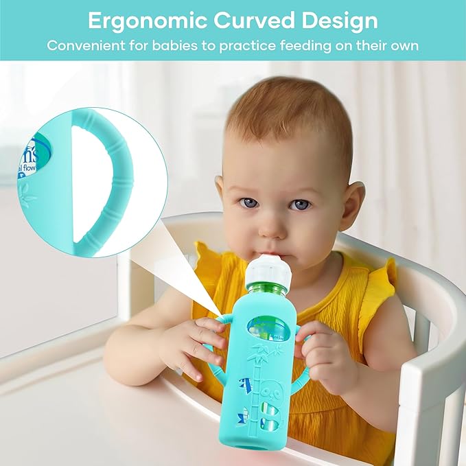 2 Pack Silicone Sleeves for Dr. Brown's Glass Baby Bottles, Anti Breakage Durable Baby Bottle Holder with Easy Grip Handles, Narrow Sleeve with a Cutout, Dishwasher/Freezer/Microwave Safe, 8 oz-BubblyBeeBaby