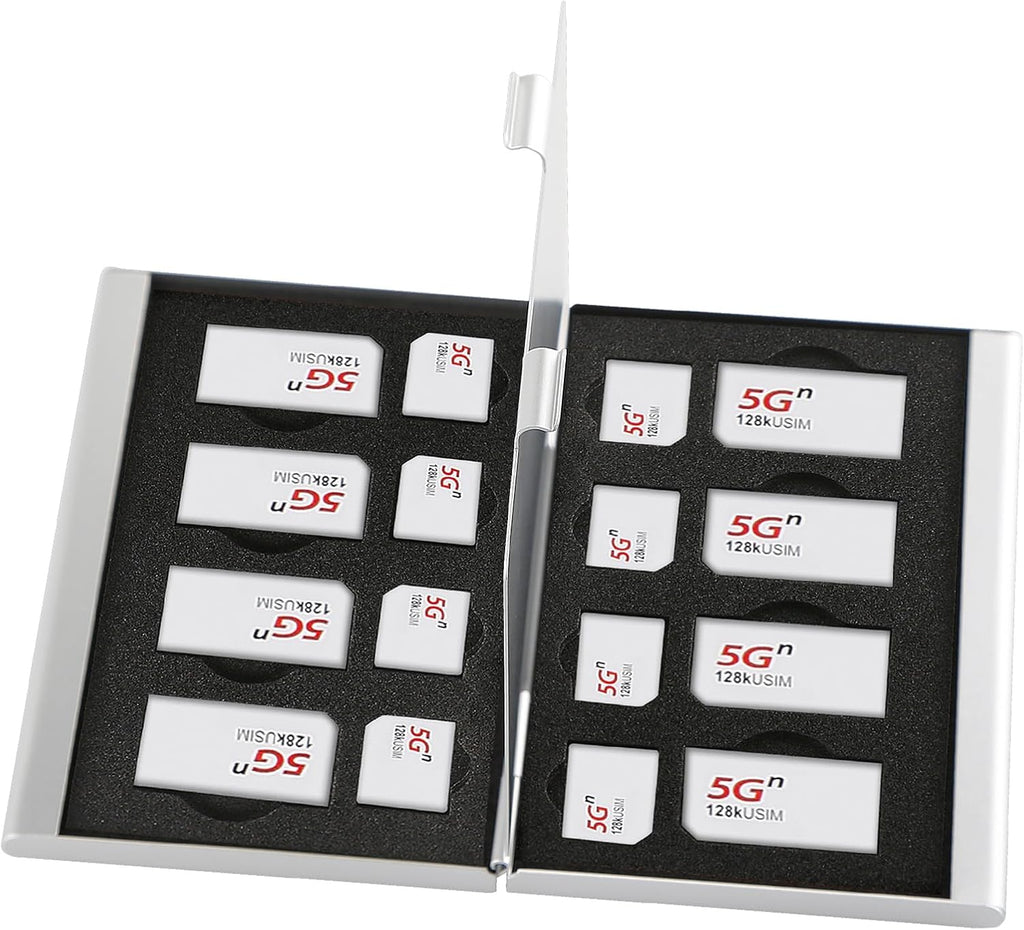 Aluminum SIM Card Case, 16Slots Ultrathin SIM Card Holder, Fit for 8 SIM Card, 8 Micro sim Card, Silver