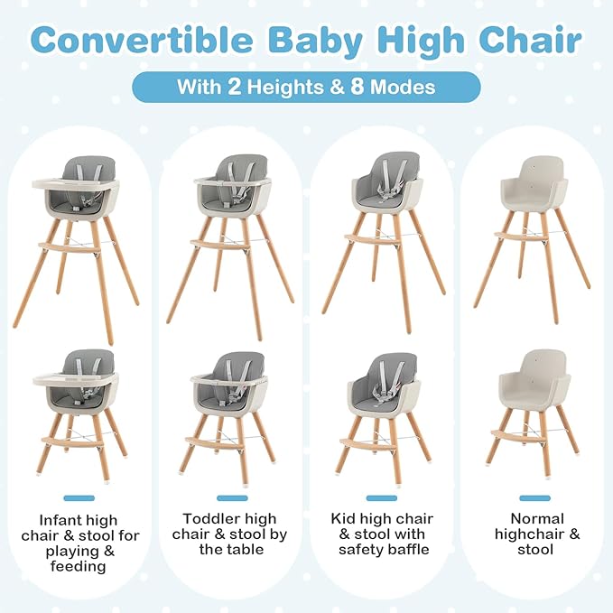 HONEY JOY High Chair, 3-in-1 Eat & Grow Wooden Highchair/Toddler Chair with Removable Tray, 5-Point Harness, PU Cushion and Footrest for Baby, High Chair for Babies and Toddlers(Gray)-BubblyBeeBaby
