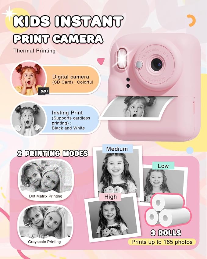 JOYJAM Kids Camera Instant Print, Upgrade Dual-Lens Selfie Digital Camera for Kids, HD 1080P, Christmas Birthday Gifts Toys for Girls Age 3-12, Toddler Portable Toy with SD Card 3 Rolls Print Paper-BubblyBeeBaby