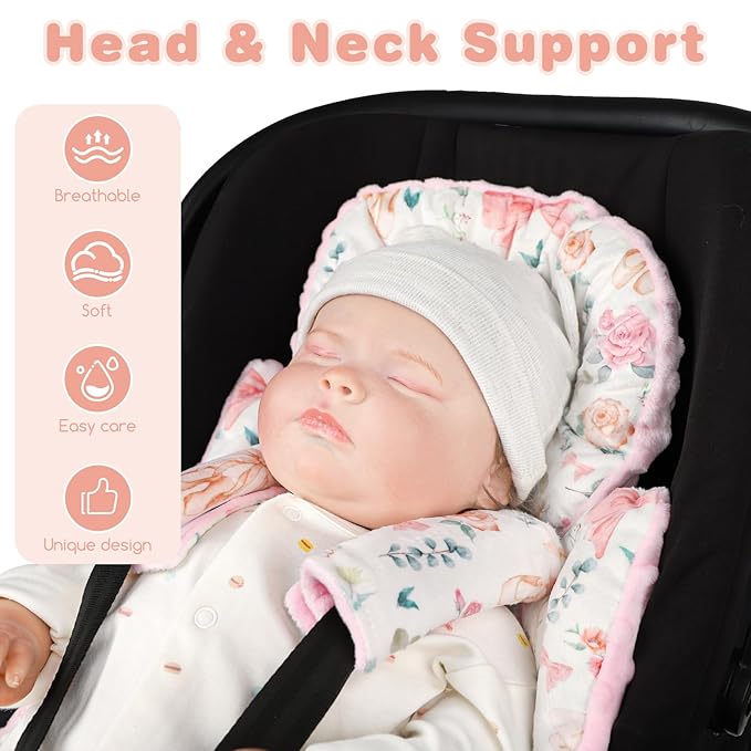 3-in-1 Infant Car Seat Insert, Soft Head and Body Support,Ultra & Strap Covers Set, Reversible Newborn Car Seat Cushion Pad for Baby Boy & Girl fits Stroller, Swing, Bouncer (Pink Bow)-BubblyBeeBaby
