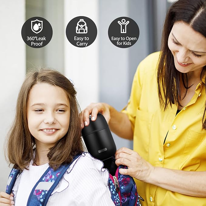 17 oz Insulated Lunch Containers, Black, Vacuum Stainless Steel Thermo Lunch Box with Handle and Folding Spoon for School, Office, Travel-BubblyBeeBaby