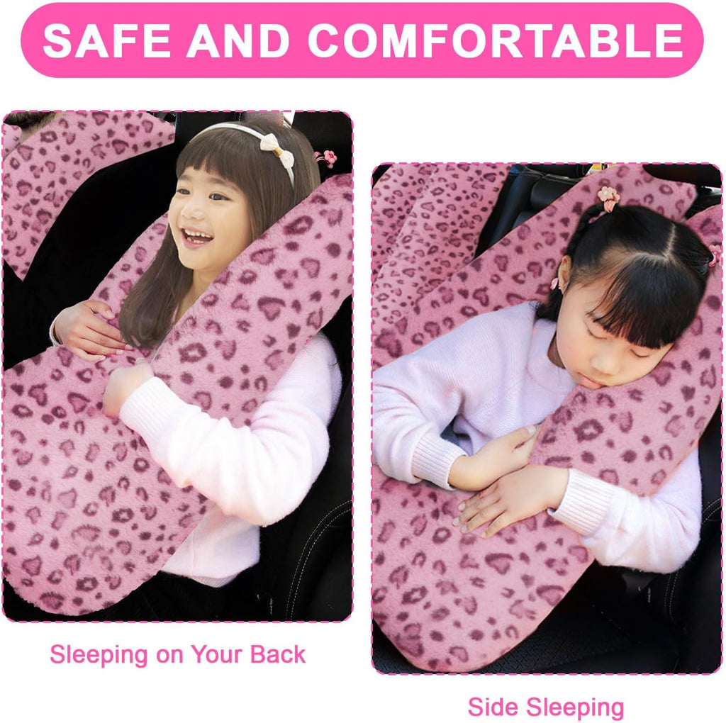 Travel Pillow, Travel Pillow for Kids, Sleeper Hold Pillow Travel, Removable U-Shaped Pillow for Adults and Children to Support Head and Body in The Back Seat of Long Car Trips (Pink Leopard Print)