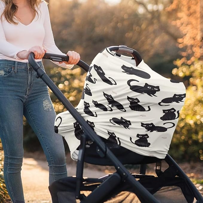 Binienty Cozy Car Seat Covers for Baby Boys Girls,Cartoon Cat Stretchy Infants Carseat Canopies Breathable Soft Infants Stroller Cover Baby Shower Gifts-BubblyBeeBaby