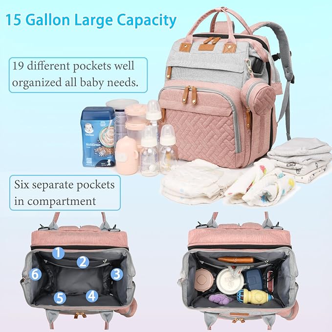Jeryswet Baby Diaper Bags with Changing Station, Waterproof Large Capacity Diaper Bag Backpack for Moms Dads with USB Charging Port and Stroller Straps, Baby Shower Gifts, Pink-Grey-BubblyBeeBaby