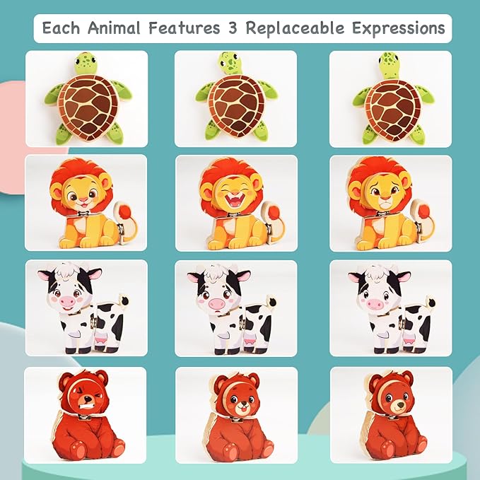 HUZU Animal Snap Wooden Building Blocks – Fun & Educational Puzzle Toy for Kids Aged 3-8, Features Cow, Bear, Lion and Turtle, Matching Game with Interchangeable Animal Faces & Emotions-BubblyBeeBaby