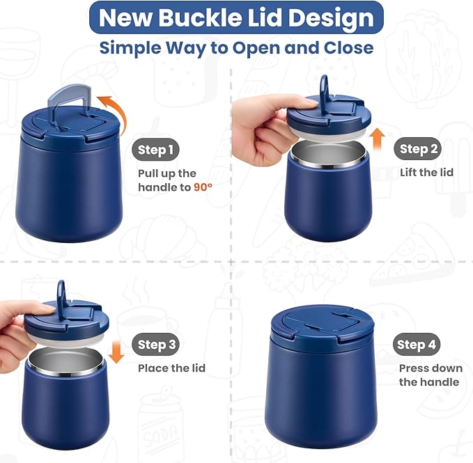 20oz Insulated Vacuum Food Jar with Buckle Lid,Soup Thermo for Hot Food Kids,Wide Mouth Leakproof Stainless Steel Lunch Container with Spoon-Blue-BubblyBeeBaby