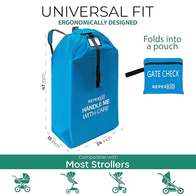 reperkid Large Stroller Bag for Airplane Travel, Blue, 47" H x 24" W x 15" D, Fits Most Large, Single, Double, Jogging Strollers – Premium Waterproof Cover, Adjustable Shoulder Straps-BubblyBeeBaby