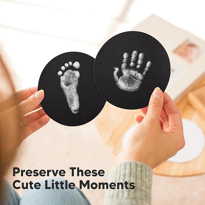 2-Pack Round Inkless Baby Hand and Footprint Kit - Mess Free Ink Pad for Newborn Keepsake, Dog Nose & Paw Print Kit, Clean Touch Ink Pad for Baby Hand & Footprints, Ideal New Mom Gifts (Silver)-BubblyBeeBaby