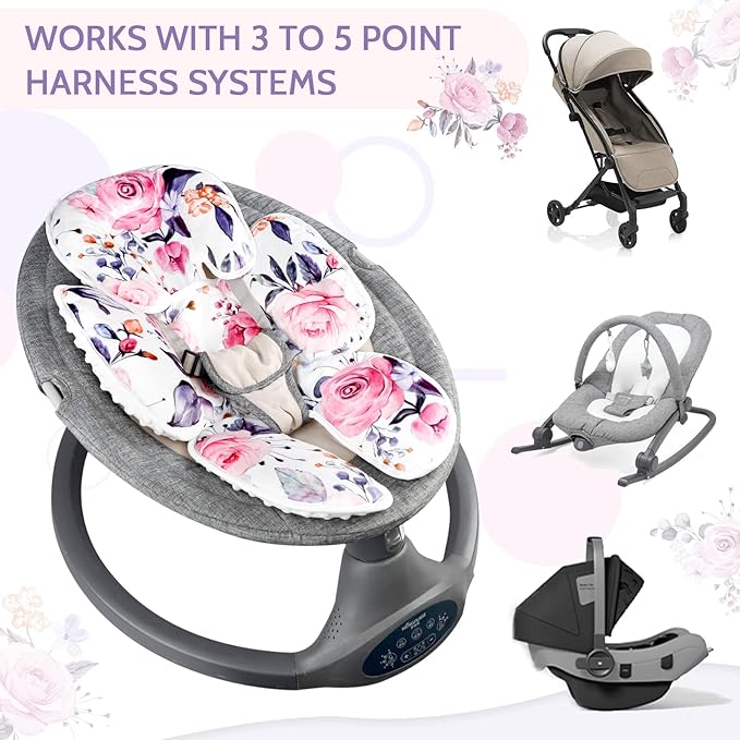 Pea Pod Baby Car Seat Head Support for Newborn, 2 in 1 Infant Car Seat Head Body Support for Girls Extra Soft Breathable Baby Car Seat Cushion Insert for Strollers, Swings, and Bouncers, Pink Floral-BubblyBeeBaby