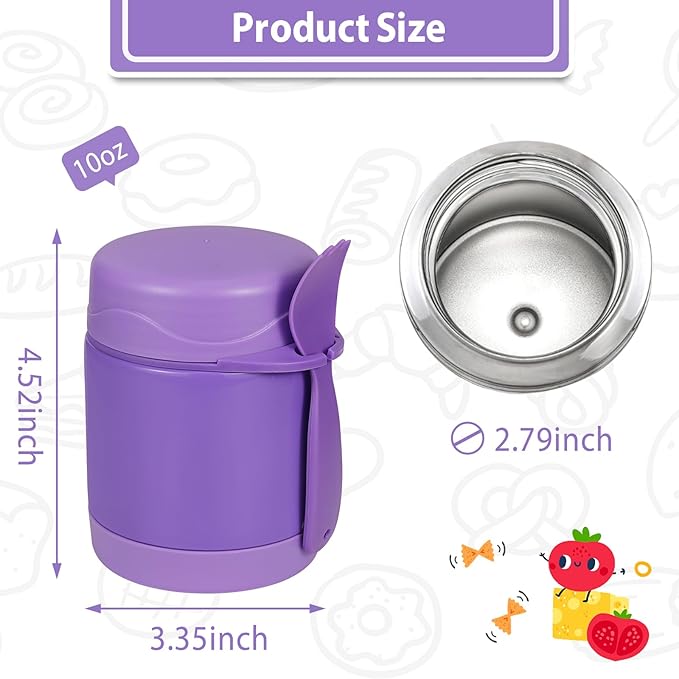 10oz Soup Thermo for Hot Food Kids,Lunch Thermo Kids Food Jar with Spoon Hot Insulated Food Containers,Leak Proof Stainless Steel Wide Mouth Lunch Food Thermo Jar for School(Purple)-BubblyBeeBaby