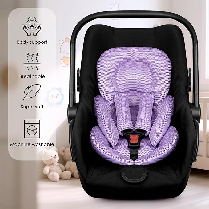 Infant Car Seat Insert for Newborn Girls Boys, Summer Mesh Baby Carseat Head Support with Strap Pads, Soft Reversible Baby Car Seat Insert Cushion Pad for Car Seat, Stroller, Bouncer, Swing, Purple-BubblyBeeBaby