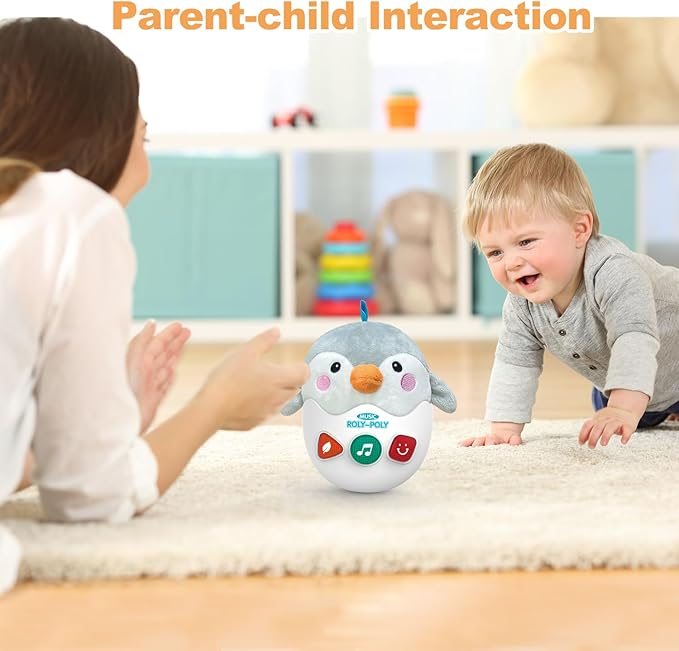 Infant Toys 0-3-6-12 Months Shower Gifts, Plush Cute Stuffed Animal Penguin Musical Baby Tummy Toys with Light & Sounds, Roly-Poly Easter Birthday Gift for Newborn Boys & Girls-BubblyBeeBaby