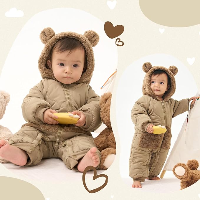 JiAmy Baby Snowsuit Newborn Winter Clothes Coat Romper Windproof Fleece Hat Zipper Baby Bear Outfit-BubblyBeeBaby
