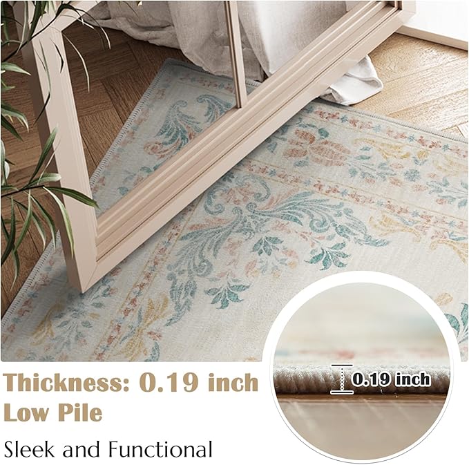 jinchan Vintage Floral Runner Rug 2x5 - Machine Washable Distressed Design Non-Slip Low-Pile Soft Thin Carpet for Hallway Kitchen Farmhouse Bedroom Entryway Laundry Room (2x5ft,Apricot Multi)-BubblyBeeBaby