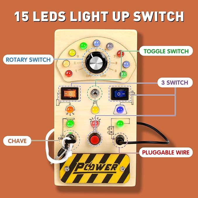 Joyreal Toddler Busy Board, Wooden Montessori Busy Board Sensory Board with LED Light Switch, Sensory Toys Baby Fidget Board Travel Toys for Toddler-BubblyBeeBaby