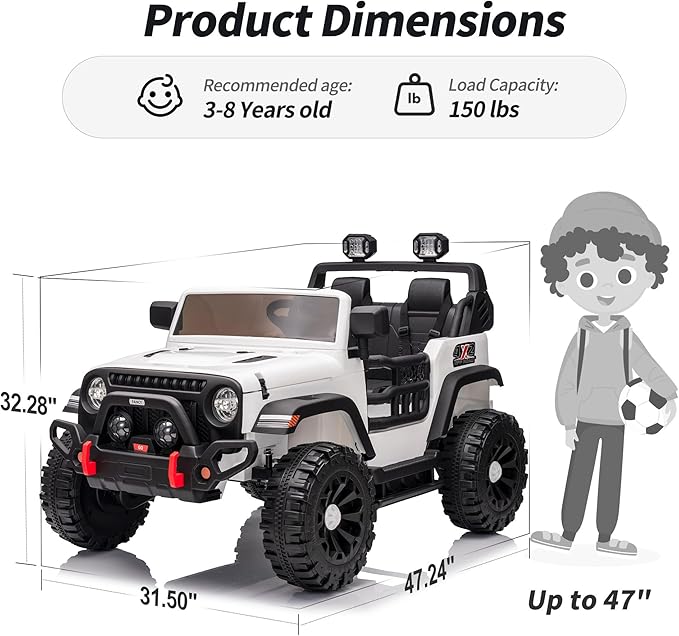 2 Seater Ride on Car Truck, 12V Kids Electric Ride on Toy for Big Kids Age 3-8 w/Remote Control- White-BubblyBeeBaby