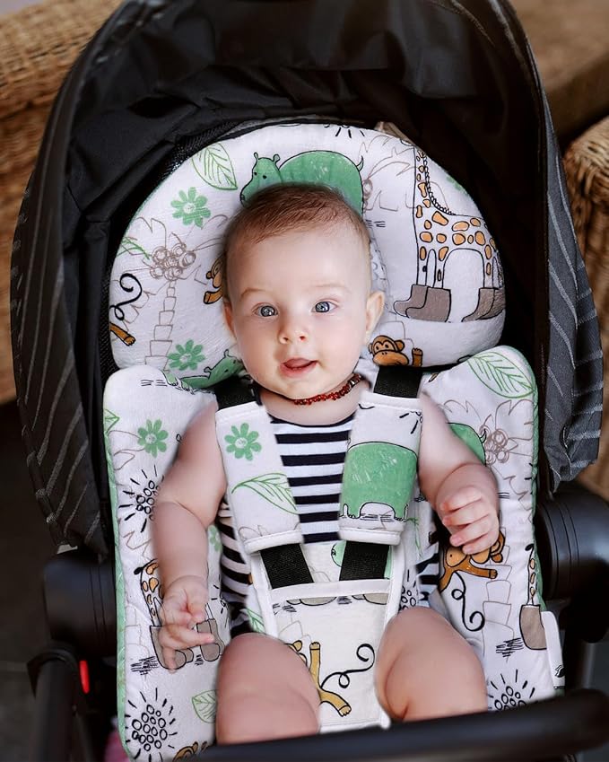 Infant Car Seat Insert, Enlarged Head Support for Baby Carseat, Reversible Newborn Insert with 3 Strap Covers, 2-in-1 Baby Car Seat Cushion for Stroller, Swing, Bouncer, Rocker - Blue Giraffe-BubblyBeeBaby