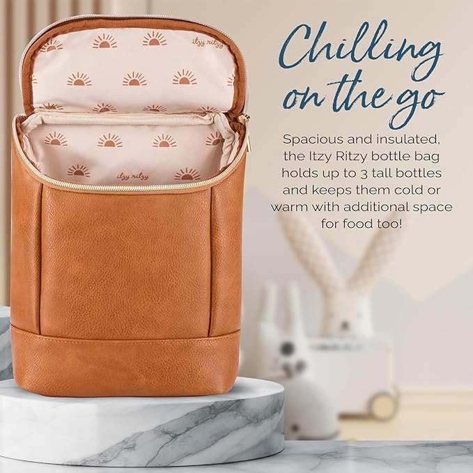 Itzy Ritzy Insulated Bottle Bag – Keeps Bottles Warm or Cool - Holds 3 Bottles & Features Interior Pocket for Ice Pack (Not Included), Cognac-BubblyBeeBaby