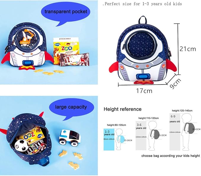 JiePai Rocket Toddler Kids Backpack with Harness Leash for Boys Girls Age 1-3-BubblyBeeBaby