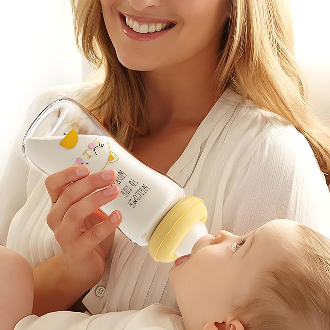 YOHKOH Natural Glass Baby Bottle with Natural Response Nipple, Newborn Anti-Colic Baby Bottles, Wide Neck Mushroom Cap Baby Bottle, Clear (8.8ounce (Pack of 4), Yellow1)-BubblyBeeBaby