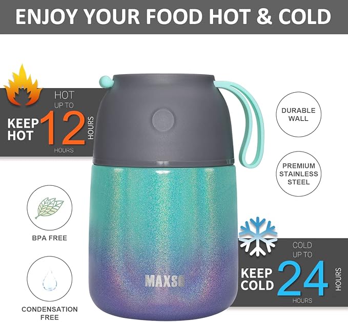 Insulated Thermo Soup Jar for Kids & Adults, 17 oz Stainless Steel Thermal Food Container with Spoon, Triple Layer Insulation (Rainbow)-BubblyBeeBaby
