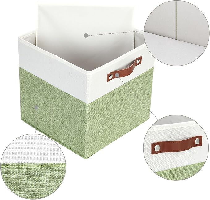 HNZIGE Fabric 11x11 Cube Storage Bins, Set of 4, Foldable Storage Cube Bin Baskets for Shelves with Handles, Bins for Cube Organizer Home Toy Nursery Closet(Green White)-BubblyBeeBaby