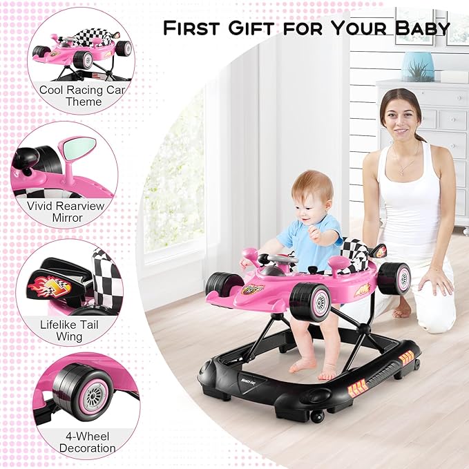 HONEY JOY Baby Walker, 4-in-1 Foldable Infant Activity Push Walker, Toddler Car Walker w/Adjustable Heights, Music, Lights, Removable Tray, Baby Walker with Wheels for Boys Girls 7-14 Months (Pink)-BubblyBeeBaby