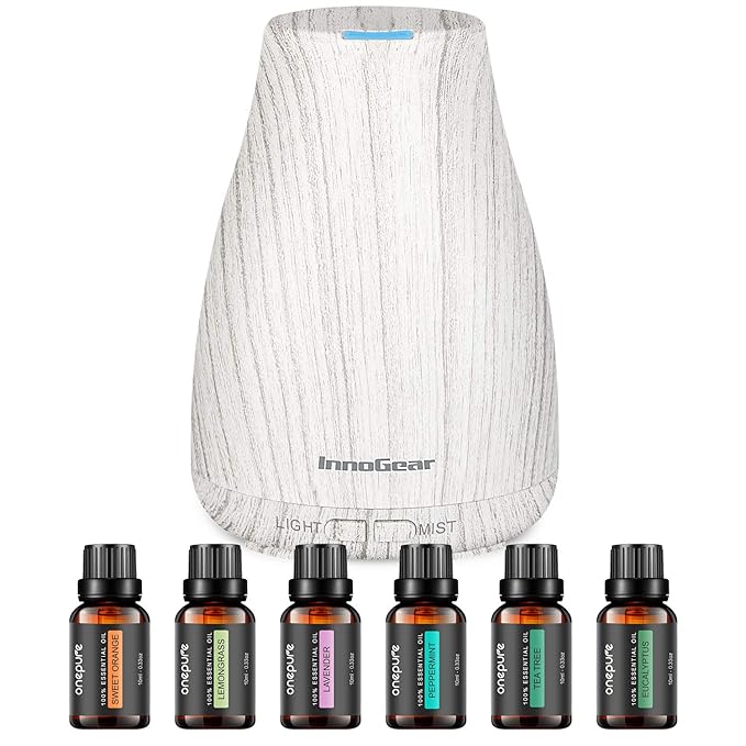 InnoGear Essential Oil Diffuser with Oils, 100ml Aromatherapy Diffuser with 6 Essential Oils Set, Aroma Cool Mist Humidifier Gift Set, Grey Wood Grain-BubblyBeeBaby