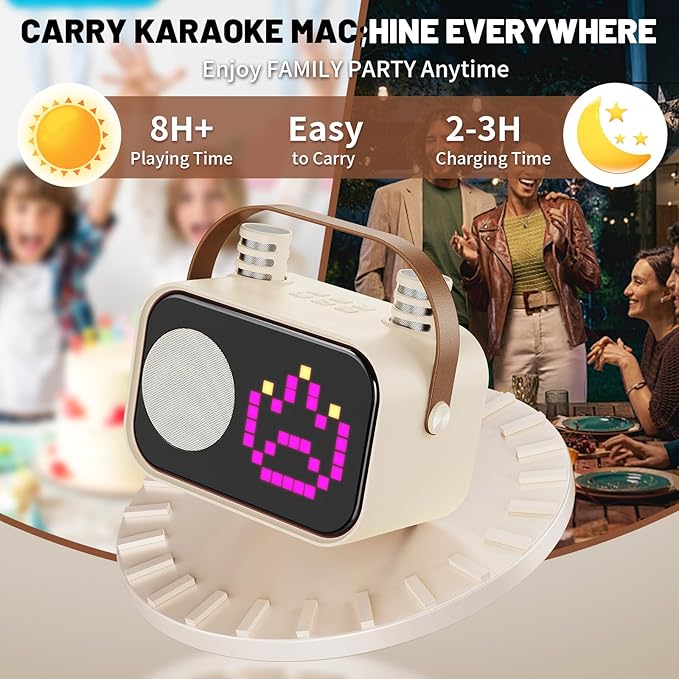 Karaoke Machine for Kids Adults, Portable Bluetooth Karaoke Speaker with 2 Wireless Microphones, Pixel Display Light, Birthday Gifts Toys for Girls & Boys Ages 3, 4, 5, 6, 7, 8, 9,10,11,12+ Years-BubblyBeeBaby