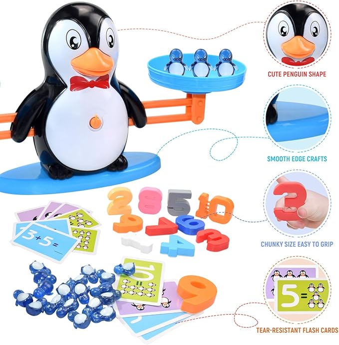 BAKAM Penguin Balance Scale Number Counting Blocks Games for Kids Ages 3-5, Montessori Math Games for Kids 5-7, Preschool Kindergarten Learning Activities, STEM Educational Toys for 3+ Year Old-BubblyBeeBaby