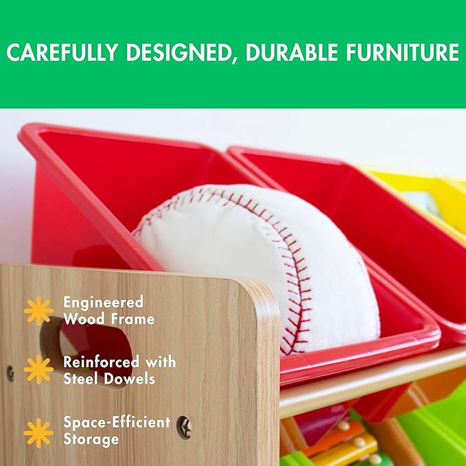 Humble Crew Kids Toy Storage Organizer with 12 Plastic Bins, Natural Wood/Rainbow – Removable Bins for Playroom, Bedroom, Toddler Furniture for Boys and Girls Ages-BubblyBeeBaby