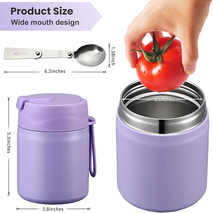 17oz Soup Thermo for Hot Food Kids,Insulated Food Jar with Spoon,Thermo Hot Food Lunch Container,Wide Mouth Leakproof Stainless Steel Lunch Box for School-Purple-BubblyBeeBaby