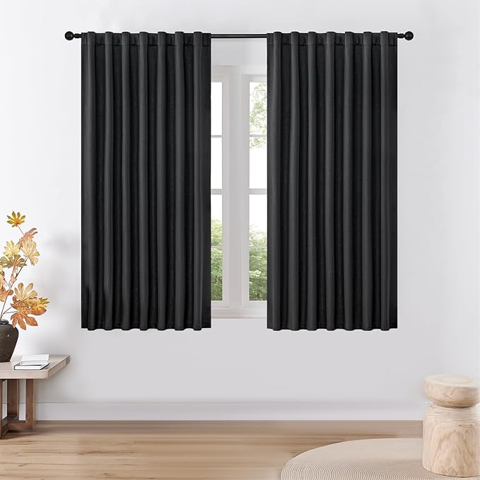 Joydeco Faux Linen Blackout Curtains for Bedroom,Black Blackout Curtains 72 inches Long,100% Blackout Solid Thermal Insulated Window Drapes Luxury Decor for Living Room（W52xL72 Inch,Black）-BubblyBeeBaby