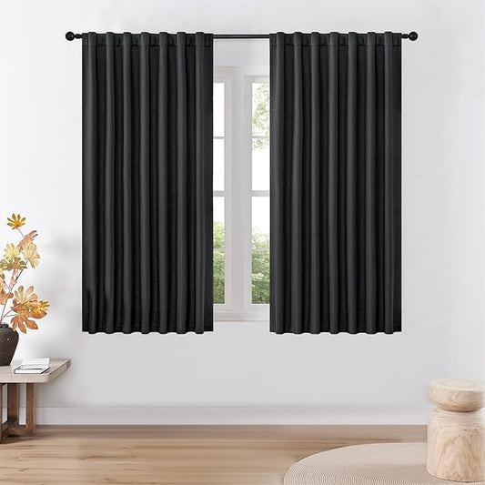Joydeco Faux Linen Blackout Curtains for Bedroom,Black Blackout Curtains 72 inches Long,100% Blackout Solid Thermal Insulated Window Drapes Luxury Decor for Living Room（W52xL72 Inch,Black）-BubblyBeeBaby