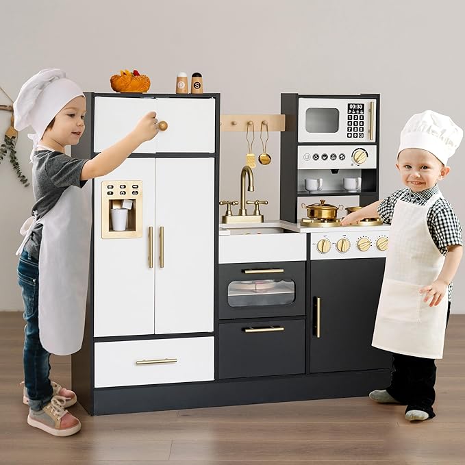 Interactive Wooden Play Kitchen for Kids 3+ Realistic Stove Sounds & Ice Maker Pretend Playset with 12 Kitchen Accessories Montessori Toy-BubblyBeeBaby
