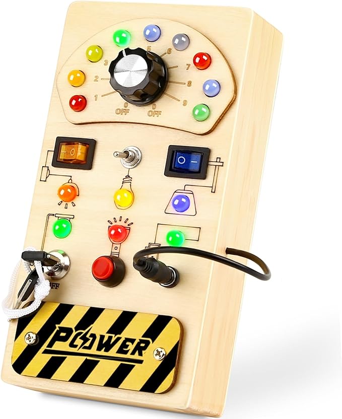 Joyreal Toddler Busy Board, Wooden Montessori Busy Board Sensory Board with LED Light Switch, Sensory Toys Baby Fidget Board Travel Toys for Toddler-BubblyBeeBaby