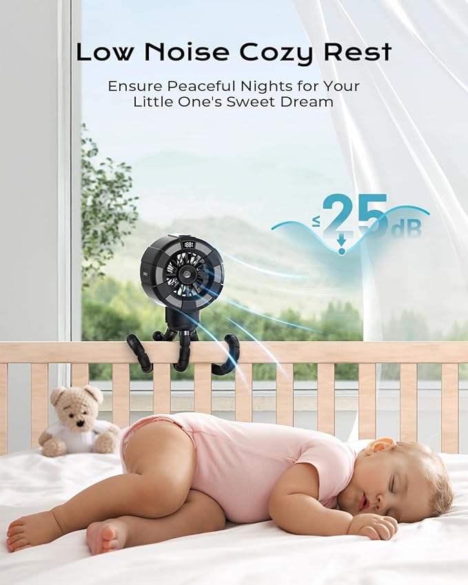 6000mAh Misting Fan for Stroller, 3 Speeds Portable Clip Fan with Intermittent/Continuous Spray, 14H Cooling, Detachable Mount, Timer & Night Light for Baby (100ML Water Tank) - Black-BubblyBeeBaby