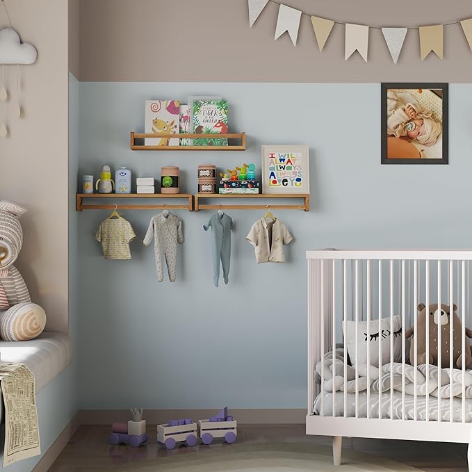 Heimlove 24 Inch Nursery Floating Shelves, Nursery Book Shelves for Wall, Wall Bookshelf for Kids Solid Wood Wall Mounted Shelves for Books,Toys and Decor Storage, Set of 2-BubblyBeeBaby