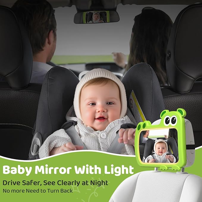 2-in-1 Baby Car Mirror with Lights & Soft Sounds, Cry Detector, Clear Night View, 360° Rotation, Shatterproof, Rear Facing Baby Car Seat Mirror with Remote Control, Perfect Baby Shower Gifts (Green)-BubblyBeeBaby