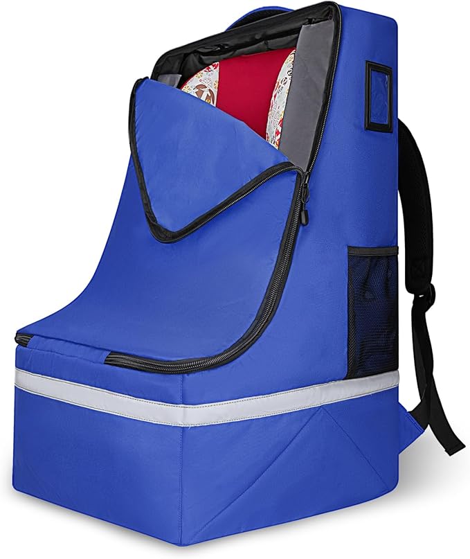 Car Seat Travel Bag for Airplane, Infant Seat Carrier with Shoulder Strap, Padded Backpack with Reflective Stripes, Blue-BubblyBeeBaby