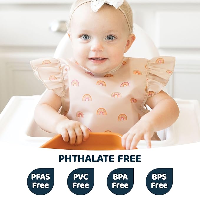 Tiny Twinkle Mess Proof Baby Bib - Waterproof & Lightweight Baby-Led Weaning Apron | 100% Recycled Polyester, Easy Clean & Machine Washable (Boho Rainbow, Small 6-24 Months)-BubblyBeeBaby