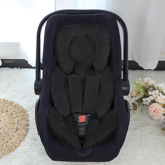 Infant Car Seat Insert Head and Body Support, GFU Reversible Newborn Insert for Carseat with Strap Pads, Soft Stroller Cushion Pillow Insert for Boys and Girls, Fits for Stroller, Swing, Black-BubblyBeeBaby