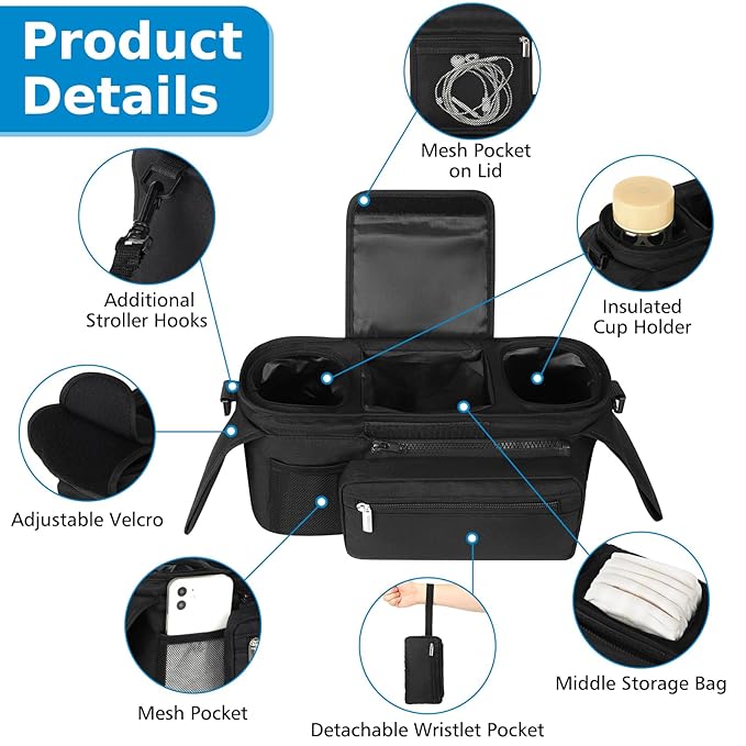 Accmor Universal Stroller Organizer with Insulated Cup Holder Detachable Phone Bag and Shoulder Strap,Stroller Bag Caddy Organizer Fits for Uppababy, Baby Jogger, Britax Strollers-BubblyBeeBaby