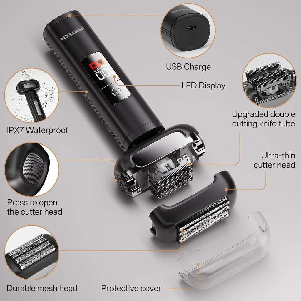 PRITECH Electric Razor Men Shaving Face, Men Electric Shaver, Close Electric Foil Shaver Waterproof with LED Display & USB C Fast Charge (Black)
